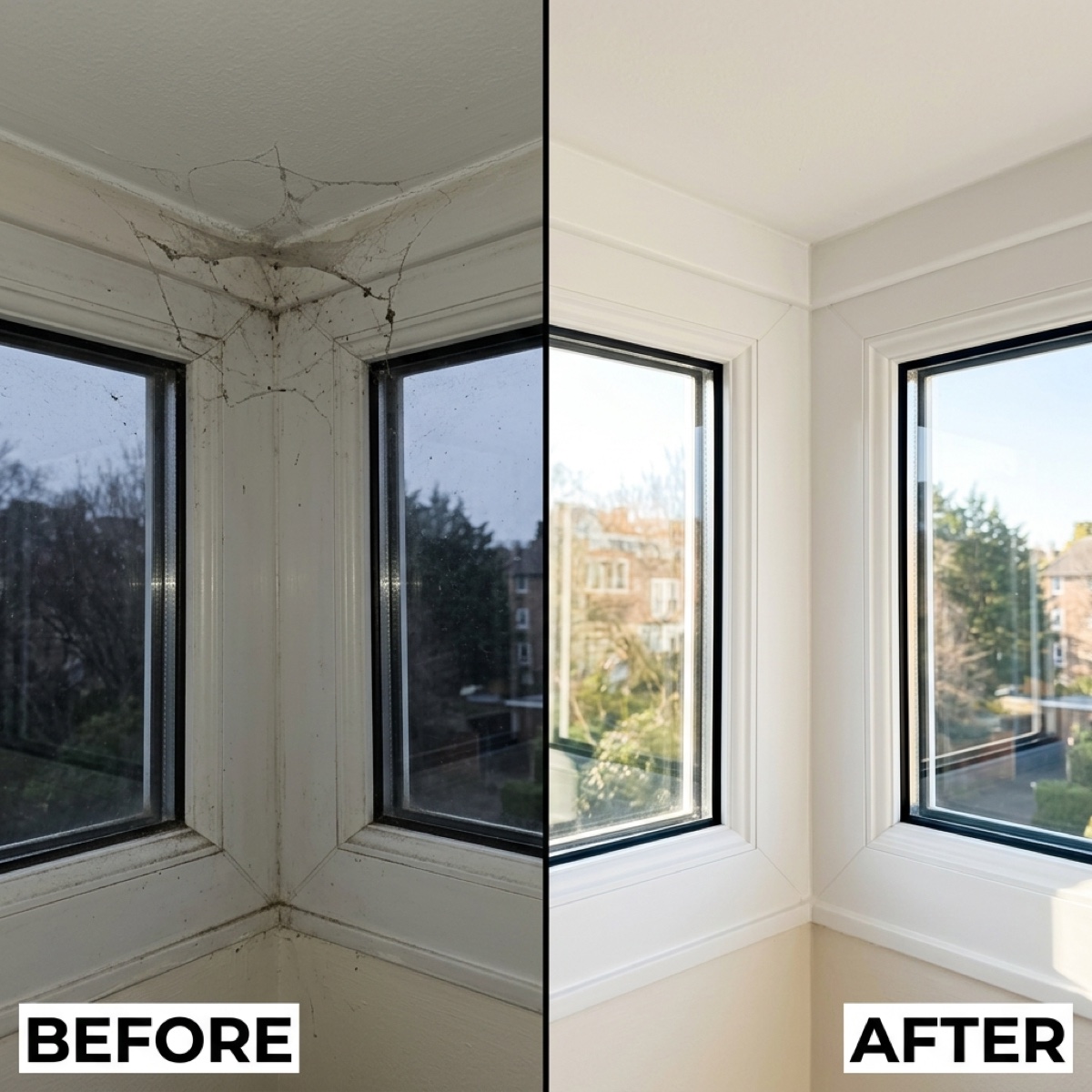 before and after: a cobwebbed window corner, then clean and clear