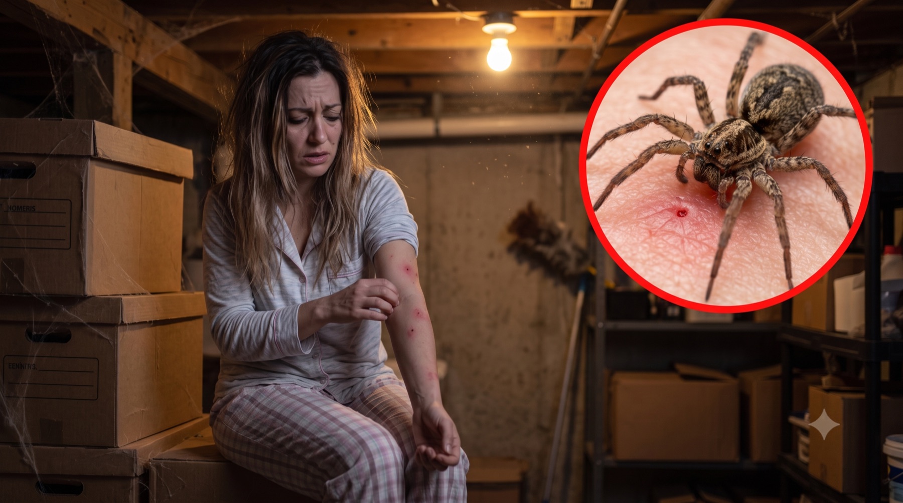 a woman noticing a spider bite on her arm, with a close-up of a house spider