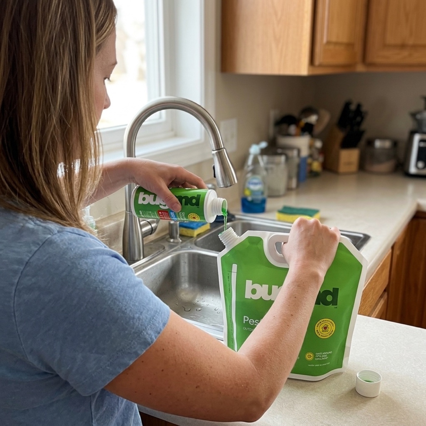 filling the cordless electric sprayer with the plant-powered concentrate