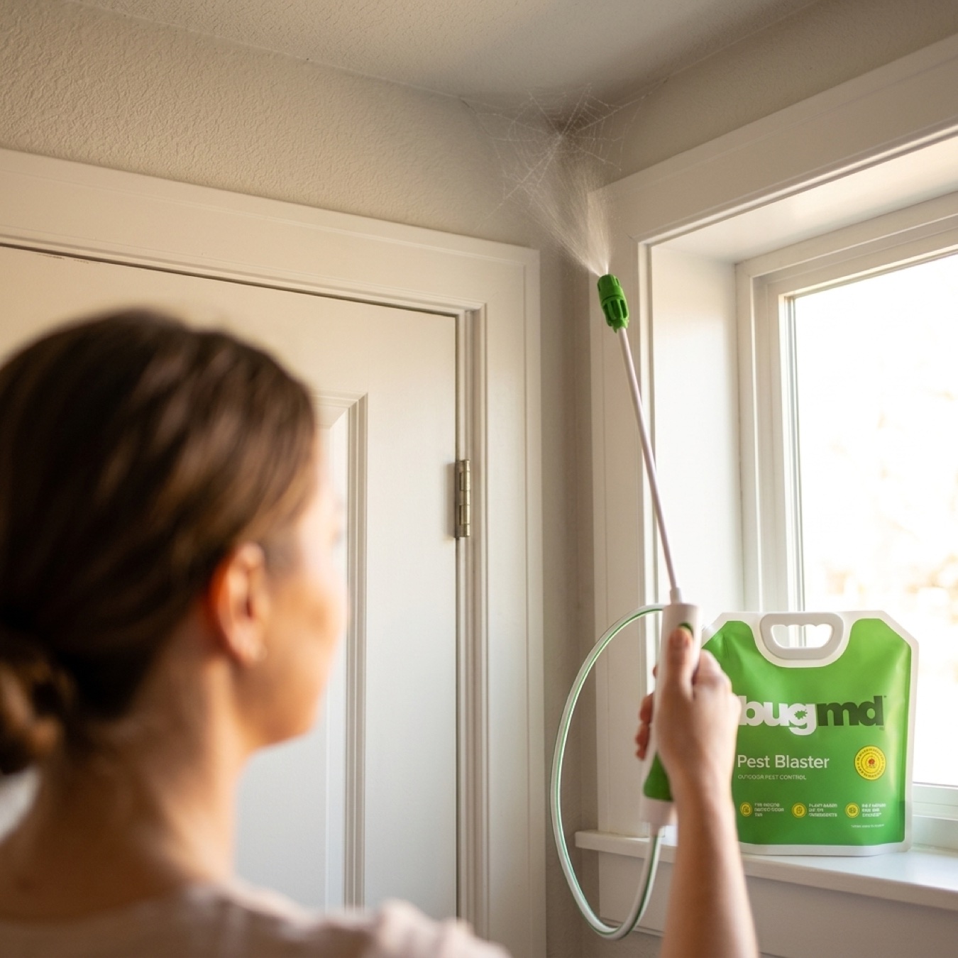 reaching a high ceiling corner with the cordless electric sprayer