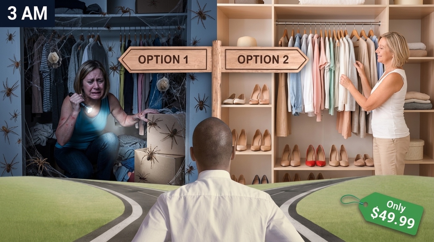 Option 1: a spider-overrun home versus Option 2: a calm, clear home